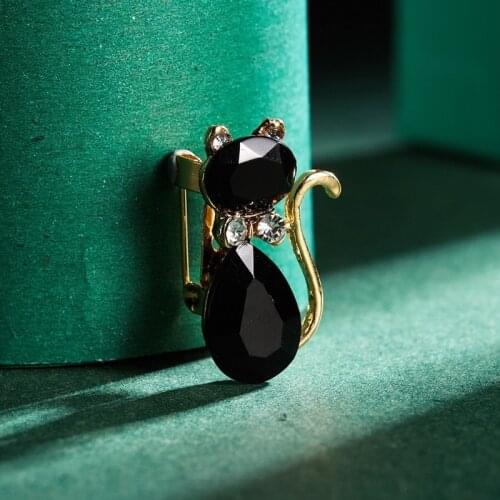 Fashion Black Cat Rhinestone Crystal Brooches For Women Zircon Cat Brooches Charm Animal Brooches Female Girl Jewelry