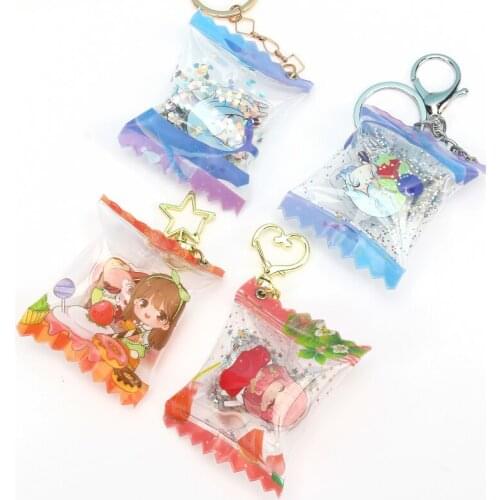 Cartoon anime acrylic candy keychain hot sale VOGRACE inflated acrylic shake candy bag charms with design