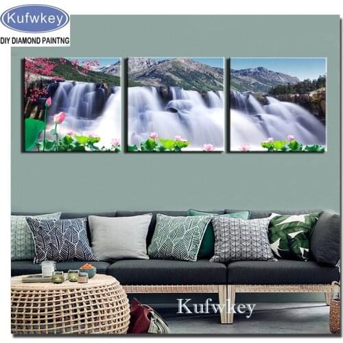 3 Panels waterfall Scenery 5d DIY Diamond Painting Cross Stitch Full Square Round Diamond Embroidery Mosaic pattern Diamond art