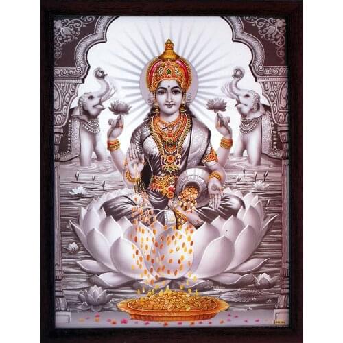 Lakshmi Sitting in Flower of Lotus, Wearing Beautiful Ornament and Showering Money Wall Hanging