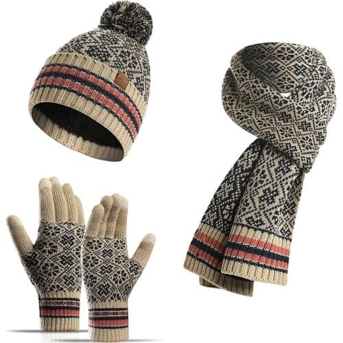 New winter knitted scarf womens warm wool hat scarf gloves Pompom Knit Hat for men