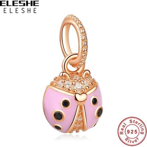 New Arrival 925 Sterling Silver Ladybug Rose Gold Pink Cubic Zircon Insect Charms Beads fit for Bracelets DIY Jewelry