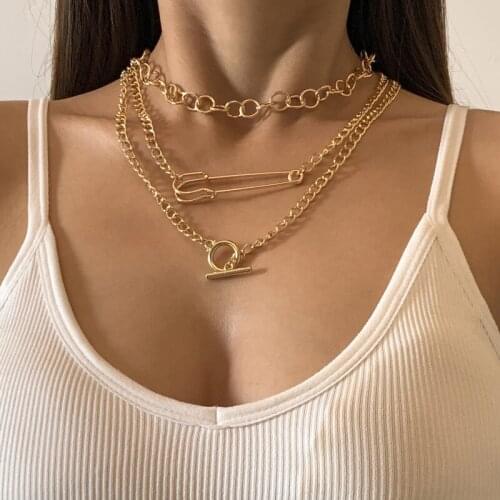 3PCS Big Pin Circle Layered Pendant Necklace Punk Lock Twist Boho Statement Choker For Women Vintage Trendy Charm Clavicle Chain