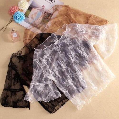 Transparent bottoming shirt womens short sleeve perspective thin sexy lace tulle horn sleeve mesh short jacket summer