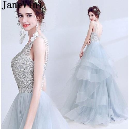 JaneVini Luxurious Silver Gray Beads Long Bridesmaid Dresses A Line Tiered Ruffles Sexy Backless Vestido Boda Invitada Plus Size