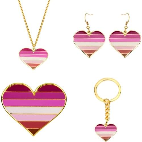 Lesbian Earrings Lesbian Pride Necklace Lesbian Key Ring Lesbian Badge Set Earrings Jewelry For Women Men Lovers Gift