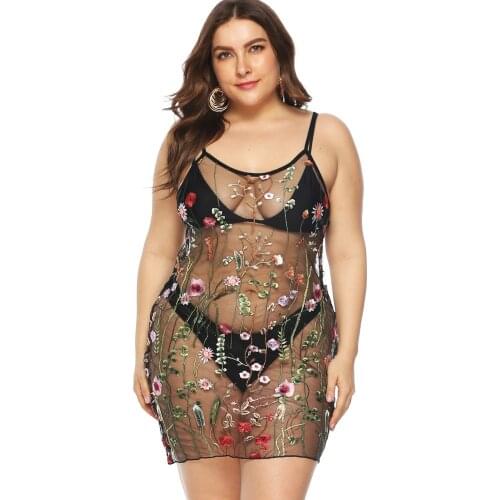 Mesh Beach Dress See Through Sexy Beachwear Bikini Cover Ups Floral Embroidery Swimsuit Covers Women Swimming Suit 2019