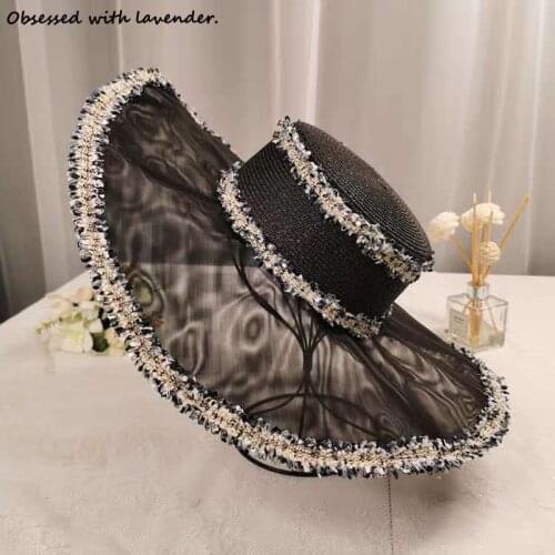 Europe and the United States small breeze lace mesh stitching straw hat retro elegant large brim hat socialite temperament Hat b