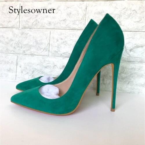 Stylesowner 2018 New Design Spring All-match Green Flock Pointed Toe High Heels Pumps 12/10/8cm Concise Look Thin Party Pumps
