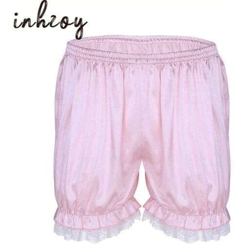 Mens Sissy Shorts Satin Lace Bloomers Panties Lightweight Boxer Briefs Sleep Wear Pajama pants