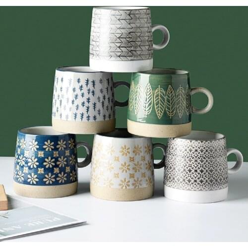 Japanese ceramic coffee cups, retro pastoral cups, embossed stoneware mugs, ins style couple cups, handmade, full of texture