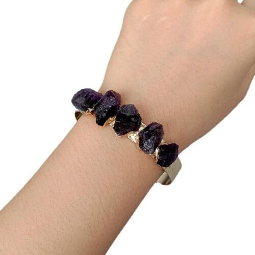 YYGEM Cute style Natural Purple Amethyst Rough Raw Gold Plated Bangle Gold Color Electroplated Bracelet Adjustable