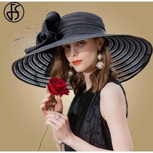 FS Black Wide Brim Hats For Women Elegant Wedding Big White Fedora With Feather Kentucky Derby Hat Large Bow Ladies Church Hats