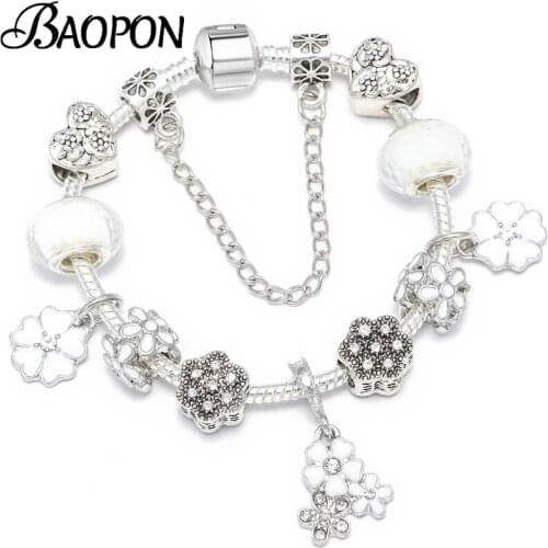 White Enamel Beads Charm Bracelets & Bangles Original Pulsera With Flower Pendant Bracelet For Women Jewelry Gift Dropshipping