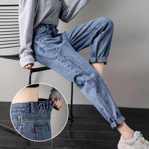 Womens Plus Size Jeans Loose Boyfriends Jeans High Waist Elastic Cropped Pants Denim Bloomers Vintage Female Hallen Jeans Y510