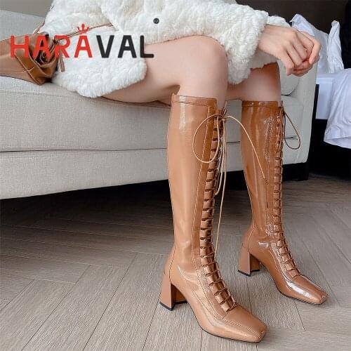 HARAVAL women knee high boots lace up cross tied Brown lady shoes Square toe high heel shoes female wide fit motorcycle bootE81L