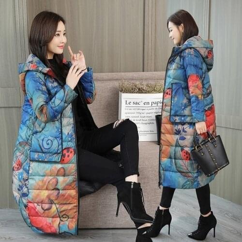 Women Hooded Print Down Coat Winter Fashion Windproof Loose Outerwear Plus Size Warm White Duck Down Printed Long Jacket PJ326