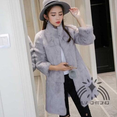 Real genuine natural full pelt whole skin rabbit fur coat women fashion mandian collar jacket ladies overcoat outwear