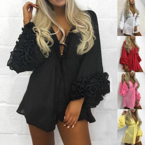 Ladies Petal Long Sleeve Solid Black See Through Beach Dress Cover up Kaftan Sarong Summer Wear Swimwear Bikini Summer 5 Colors