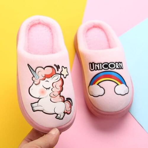 Winter Girls Unicorn Slippers Children Flip Flops Baby Boys Fur Slides Cotton Indoor Shoes Warm Fluffy House Kids Flats Slipper