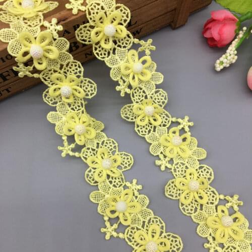 1 yard 3.5cm Yellow Lace Ribbon Pearl Flower Embroidered Lace Trim Applique Fabric Handmade DIY Wedding Dress Sewing Craft