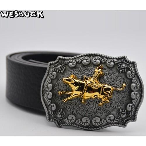 5 PCS MOQ WesBuck Brand Black Pu leather belt men Vintage arabesque pattern with Gold Professional Bull Riders metal belt buckle