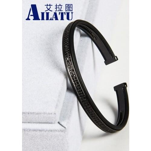 Ailatu Open Cuff Double Raw Black Cz Bangle Bracelet Best Christmas Gift High Grade Men Jewelry