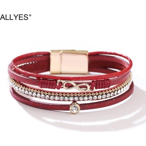 ALLYES Bohemian Infinity Charm Leather Bracelets for Women Fashion Rhinestone Wrap Bracelet Bangle Female Jewelry Gifts