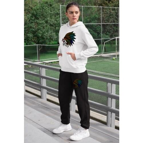 Angemiel Wear Feather Indian Crossbones Women Tracksuit Set White Hooded Sweatshirt Black Sweatpants