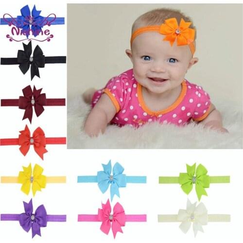 Nishine 8*8 CM Solid Color Grosgrain Ribbon Bowknot Headband with Acrylic Diamond Fashion Fishtail Bow Hairband Baby Headwear