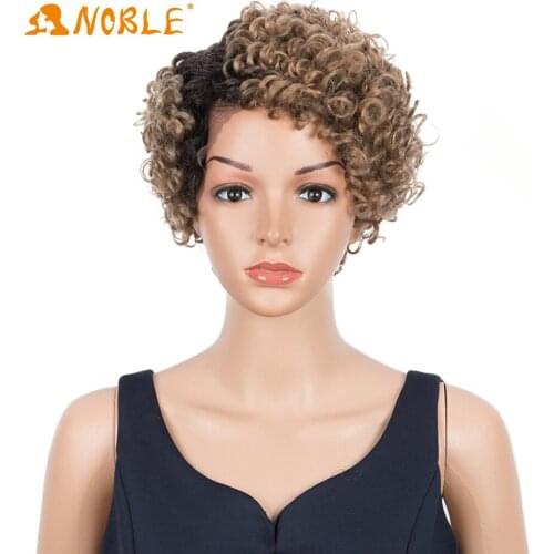 Noble girl Kinky Curly Synthetic Lace Wigs For Black Women Natural Bouncy Curly Brown 1B Short Lace Wigs High Temperature Hair