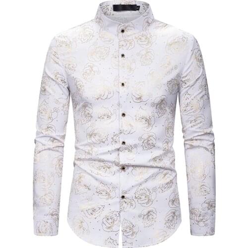 Shiny Gold Santa Claus Foil Print Henley Shirt Men Christmas Tuxedo Shirt Hipster Slim Fit Long Sleeve White Mens Dress Shirts