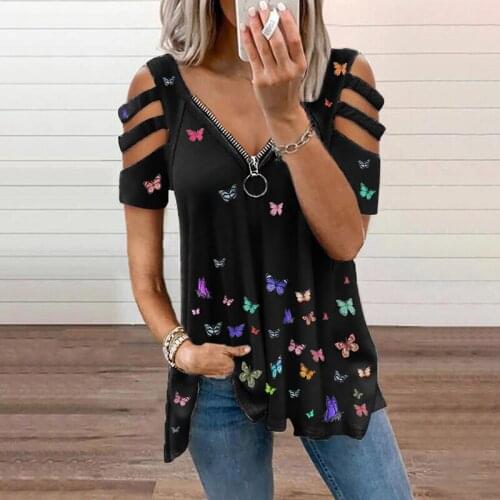 2021 Summer Fashion Women Butterfly Cold Shoulder Cutout Sleeve Zip Front Top Casual Blouse Short Sleeve Loose t-shirt