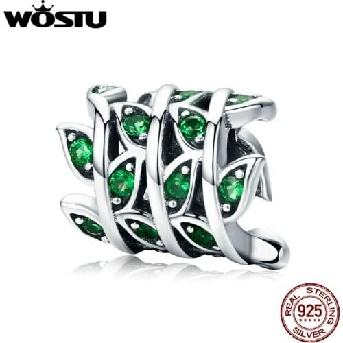 WOSTU Spring New Style 100% 925 Sterling Silver Green Tree Leaves Beads fit Original Charm Bracelet Bangle DIY Jewelry FIC567