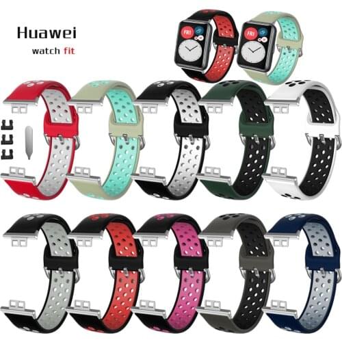 Double Color Silicone Sport Watch Strap for Huawei Watch Fit Metal Connector Smart Wristband Bracelet Watchband For Fit TIA-B09