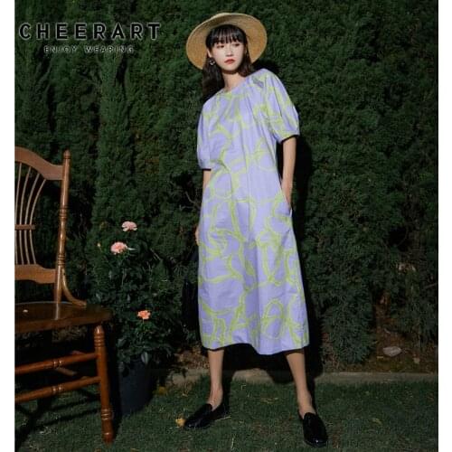 CHEERART Cotton Purple Straight Long Midi Dress Summer Puff Sleeve Designer Dress Women Short Sleeve Aesthetic Dress Korean