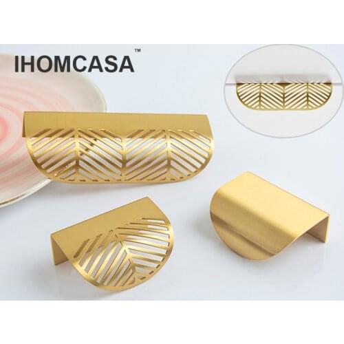 IHOMCASA Modern Simple Concealed Handle Brass Leaf Invisible Pulls Wardrobe Cupboard Wine Cabinet Furniture Drawer Golden Knobs