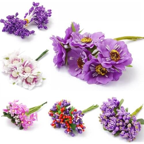 6-90pcs Handmade artificial Mix Purple Flower Cherry Stamen Berries Bundle For DIY Party Cake Gift Box Wreaths Craft Decoration