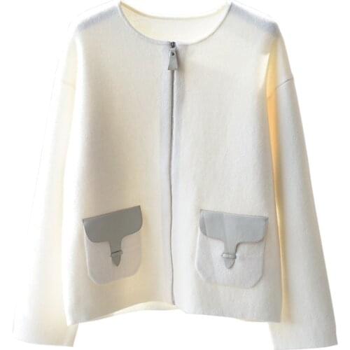 Cashmere Sweater Knitted Thick Warm Cashmere Sheep Genuine Leather Pocket Zipper Cardigan 2020 New Women High Street