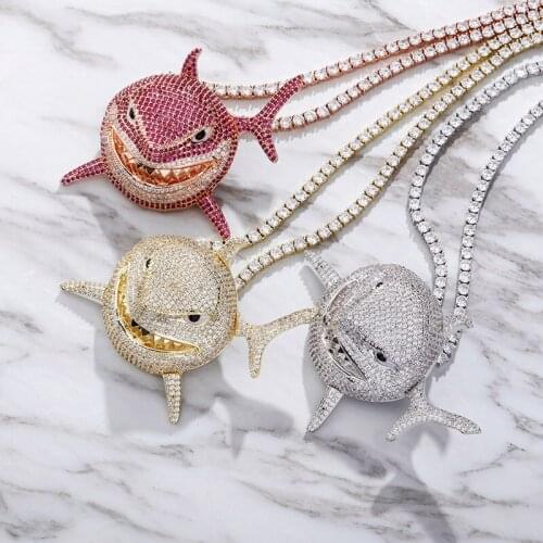 Hip Hop Big Small Size Paved AAA Cubic Zircon Bling Iced Out Evil Shark Pendants Necklaces for Men Women Rapper Jewelry Gifts