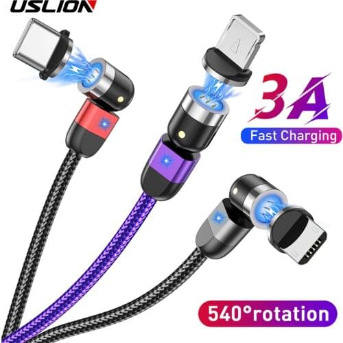 USLION 540° Magnetic Cable Micro USB Type C Cable 3A Fast Charging Phone Magnet Charger Cord For iPhone 11 Pro Samsung Xiaomi