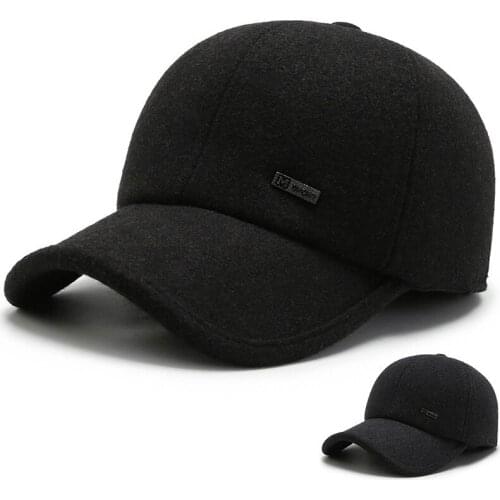 Men’s Wool Baseball Caps For Winter With Warm Ear-flaps Adult Male Dad Solid Color Hat Adjustable Size For Autumn