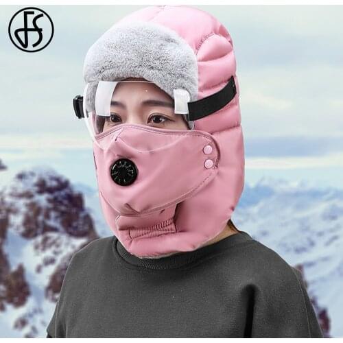 FS 2020 Newest Hot Mens Winter Bomber Hats With Glasses Breathable Filter Russian Trooper Earflap Cap Outdoor Warm Snow Ski Caps