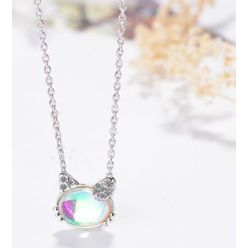 Heart Cute Cat Moonstone Sweet Pendant 925 Sterling Silver Clavicle Chain Literary Female Necklace SNE350