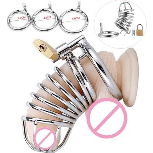 CB Sex Stainless Steel Cage Cock Prison Prevent Derailed Penis Ring Sleeve Lock Ball Stretcher SM Bondage Male Chastity Sex Toys