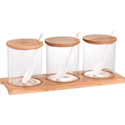3Pcs/Set Glass Spice Jar With Spoon Spice Container Organizer Seasoning Cans Pepper Shaker Storage Box With Tray Kitchen