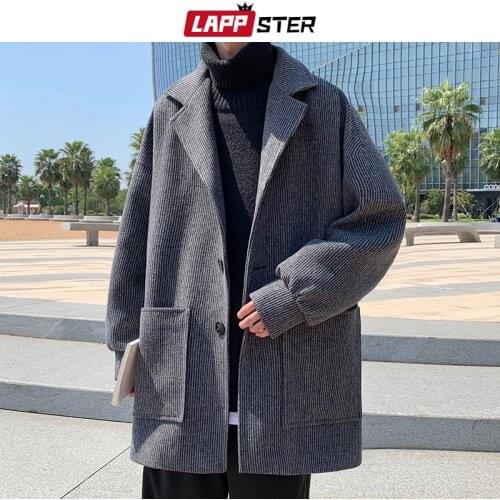 LAPPSTER Men Solid Khaki Korean Wool Trench Coat 2021 Mens Harajuku Vintage Fashion Jackets Coats Male Streetwear Winter Coat