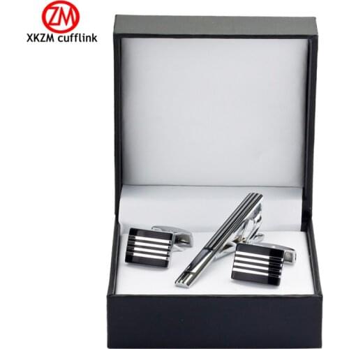 XKZM High Quality Cuff links necktie clip for tie pin for mens gift Black stripes tie bars cufflinks tie clip set Free Shipping