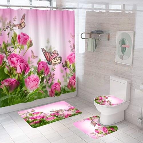 Pink Flower Butterfly Shower Curtain With Non Slip Rug Mat Bathroom Curtains Waterproof Polyester Bathroom Curtain with Hooks