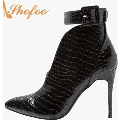Black Snake Pattern Pointed Toe Stilettos Ankle Boots Woman Super High Thin Heels Buckle Strap Ladies Summer Booties Mature 2021